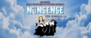 nunsense logo-- riverside dinner theater-- cartoon of nuns floating on clouds