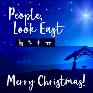 Advent image--manger scene people look east, merry christmas