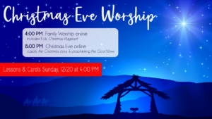 Christmas Eve service times atop an image of the manger and Bethlehem star