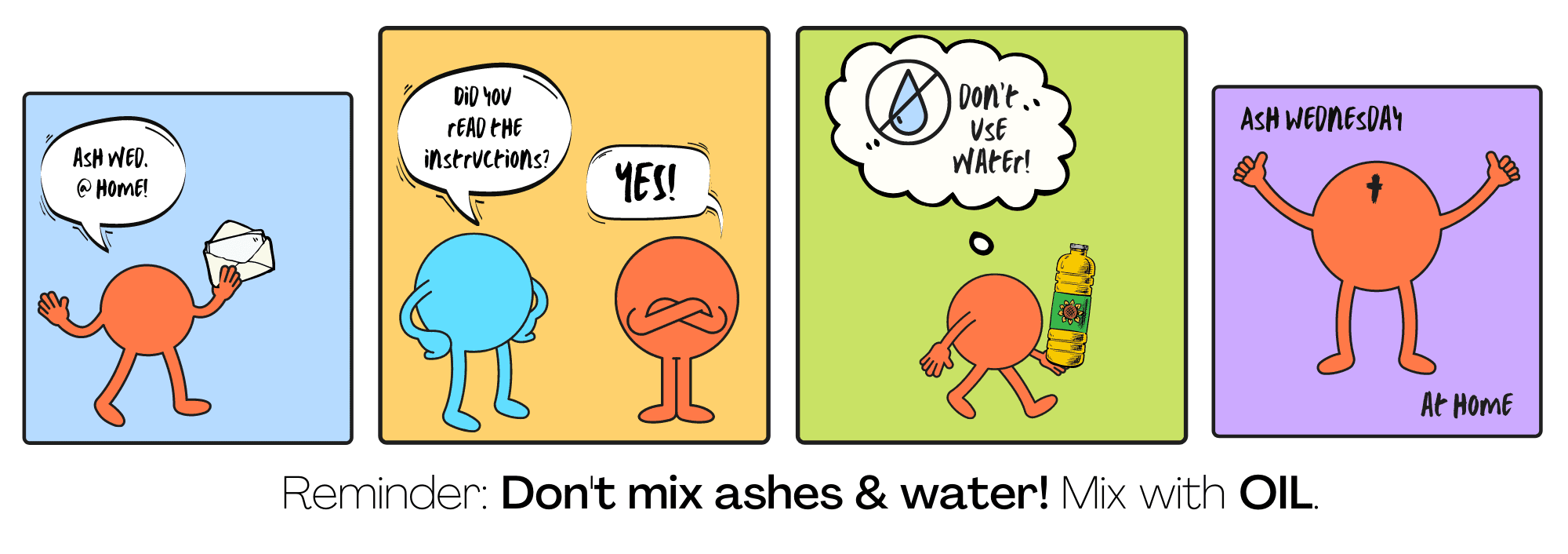 a cartoon with circle characters talking about Ash Wednesday