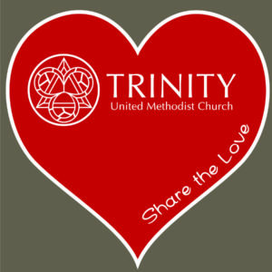 A red heart with the Trinity logo inside and the words Share the Love on the side
