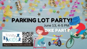 Parking Lot Party details-parking lot, confetti, and cartoon kids on bikes