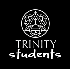 trinity logo in white on black with trinity students underneath