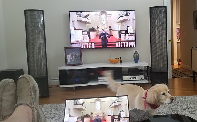a person watching worship from couch on tv with dog