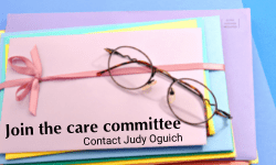 a pile of card envelopes with glasses and the words Join the care committee on them.