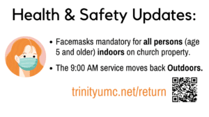 health and safety updates about mask policy-- cartoon image of person in facemask