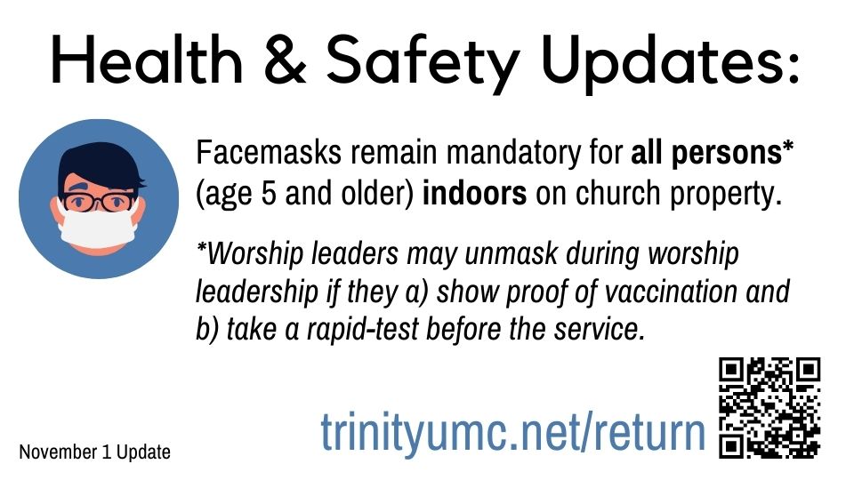 health update--words, small cartoon image of person in facemask