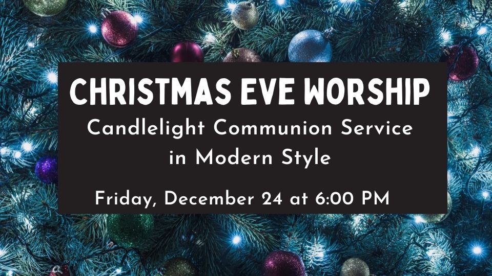 Christmas Tree closeup with Christmas Eve service times on top-- modern worship