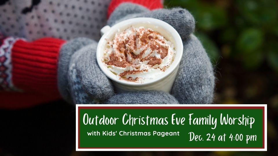 kid in mittens with hot chocolate, christmas eve service times