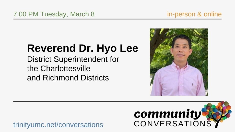 Community Conversation information and photo of Rev. Hyo Lee