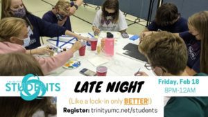 students around a table painting. student ministry logo swirls, words-latenight with date and time