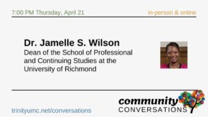 Community Conversation information and photo of Jamelle S. Wilson, Ed.D.
