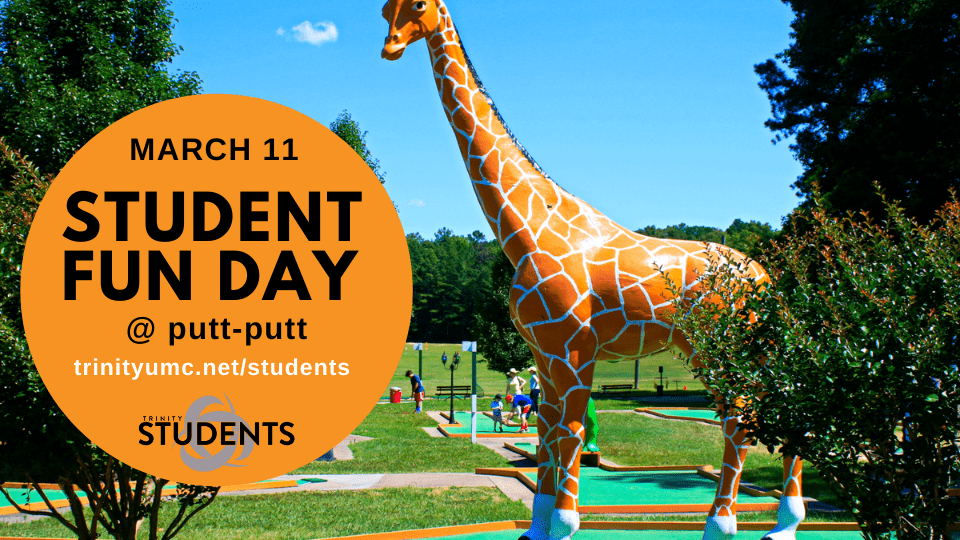 information about student fun day at putt putt on image of golf course and giraffe