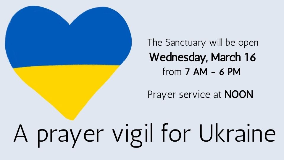a heart in the colors of the ukraine flag, words about prayer vigil